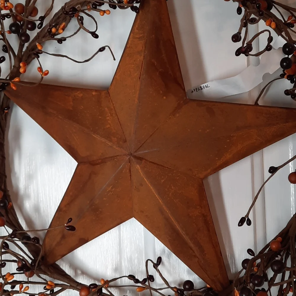 Wreath Rust Metal Star Stars Seed Berry Urban Farmhouse Tan Dark Brown Wall Door